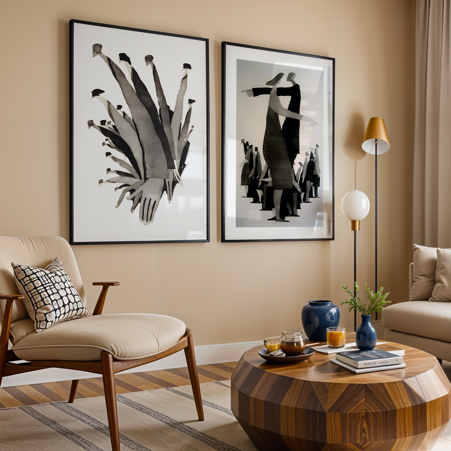 Abstract Figures 2 Parça Siyah Çerçeveli Ahşap Tablo Seti