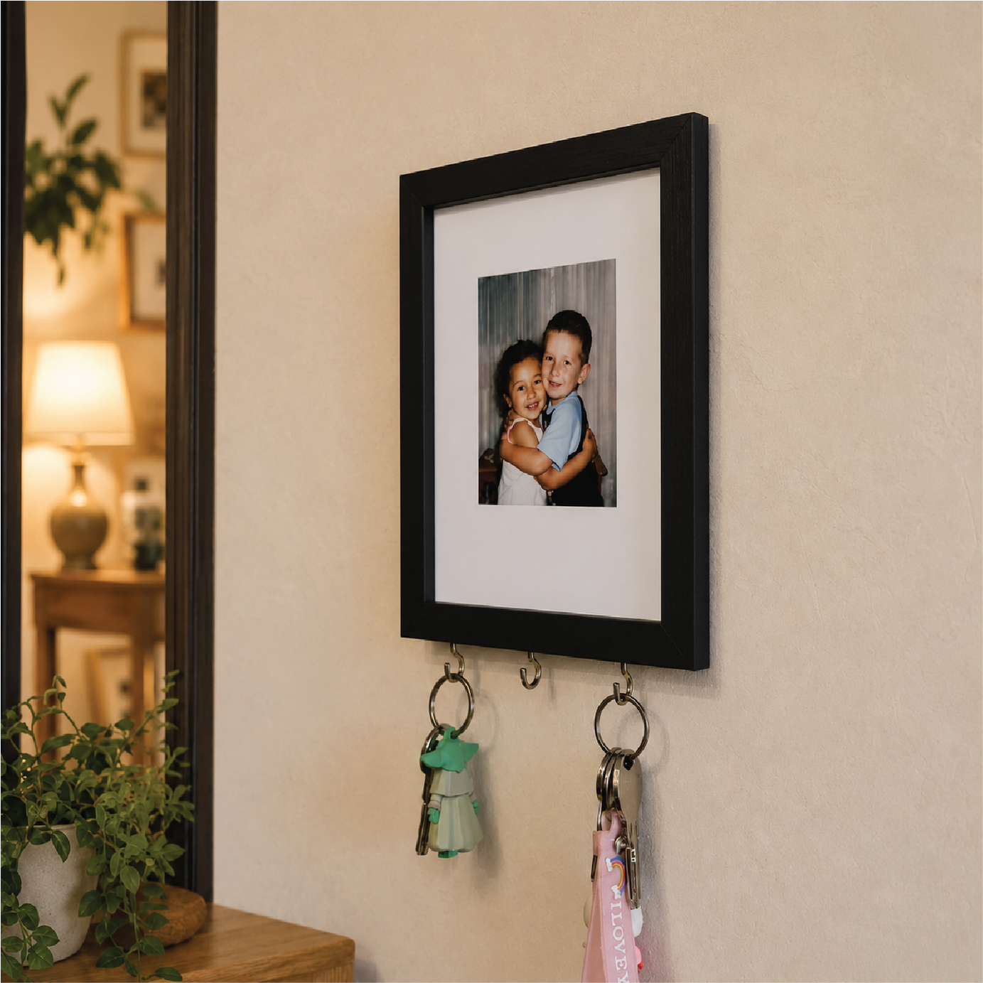 Kişiye Özel Fotoğraflı Tablo Anahtarlık Askılığı I Siyah Çerçeveli (3 Kancalı)