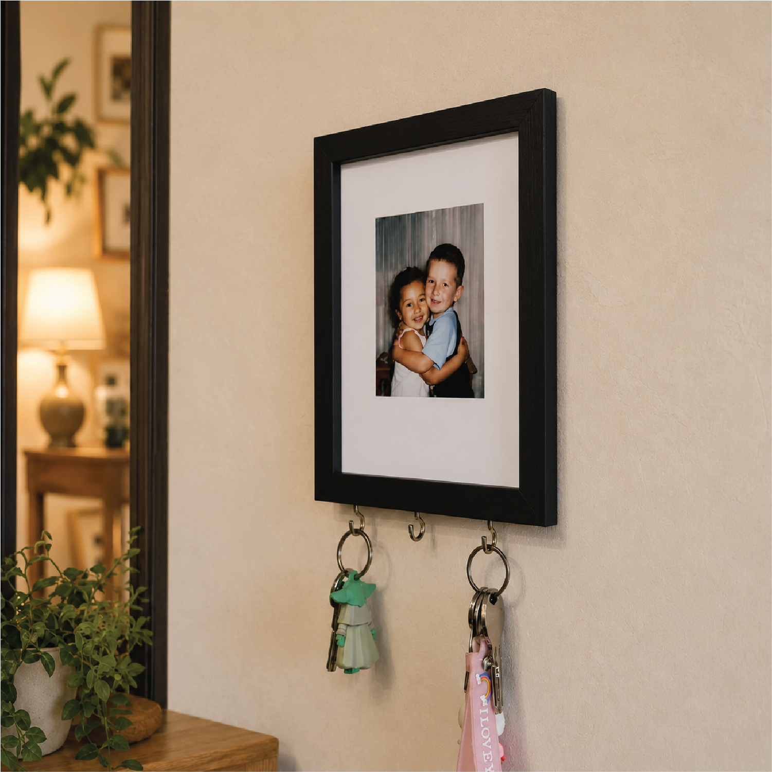 Kişiye Özel Fotoğraflı Tablo Anahtarlık Askılığı I Siyah Çerçeveli (3 Kancalı)