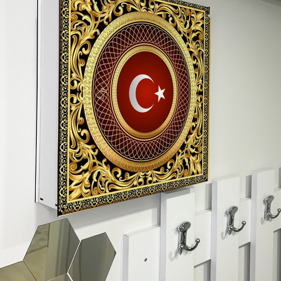 Ay Yıldız Bayrak Temalı Ahşap Sigorta Saklama Kutusu