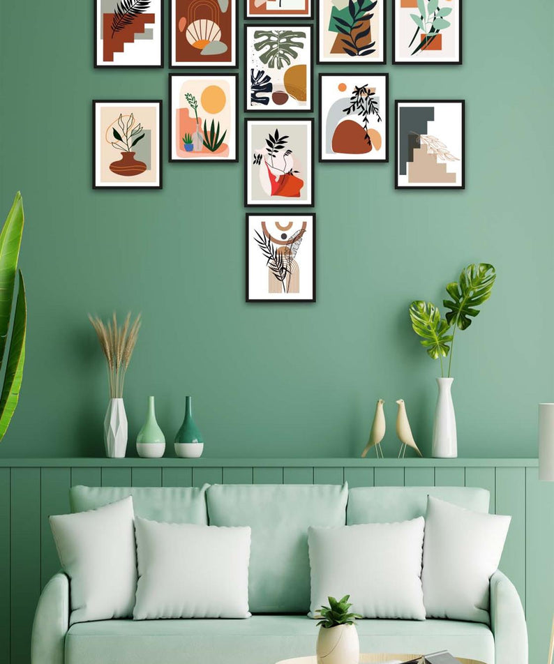 12 Parça Bohem Tarzında Siyah Çerçeve Görünümlü Uv Baskı Mdf Tablo Seti