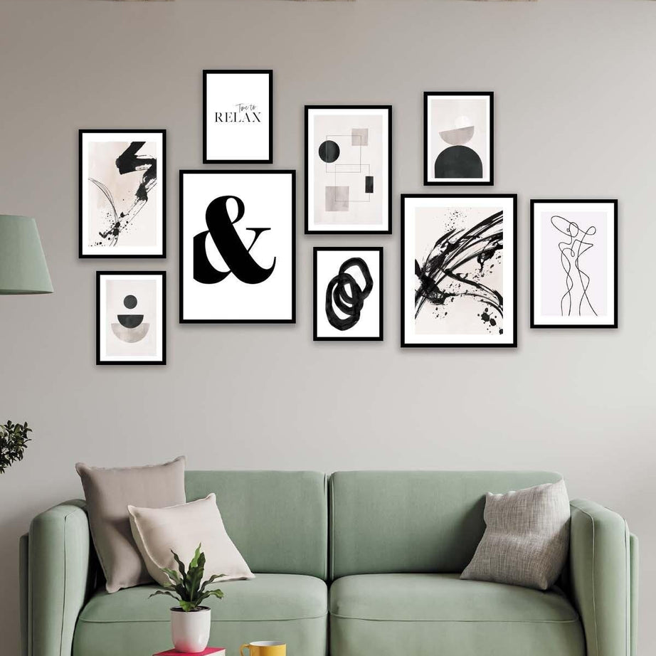 Siyah Geometrik Ve Line Art Temalı Tablo Seti