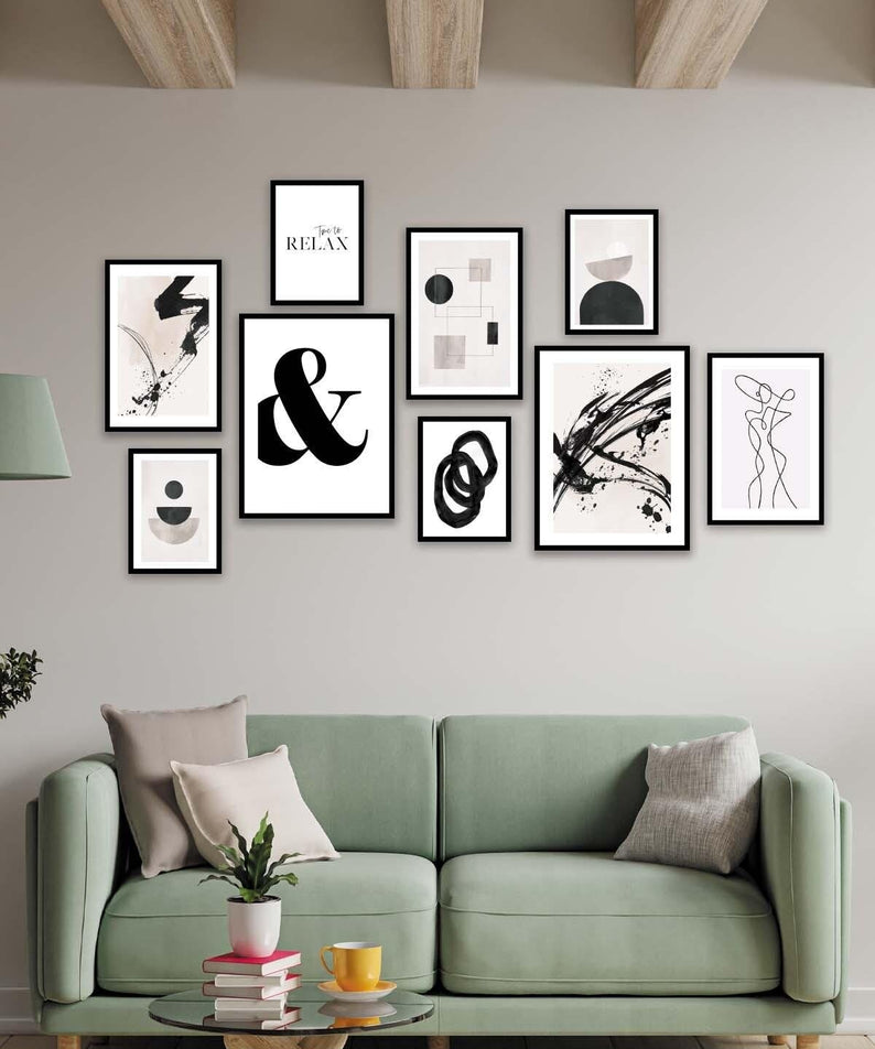 Siyah Geometrik Ve Line Art Temalı Tablo Seti