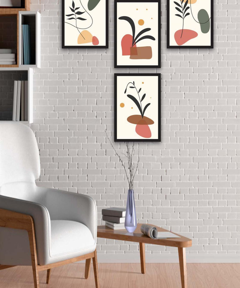 4 Parça Renkli Modern Bohem Tarzda Siyah Çerçeve Görünümlü Uv Baskı Mdf Tablo Seti