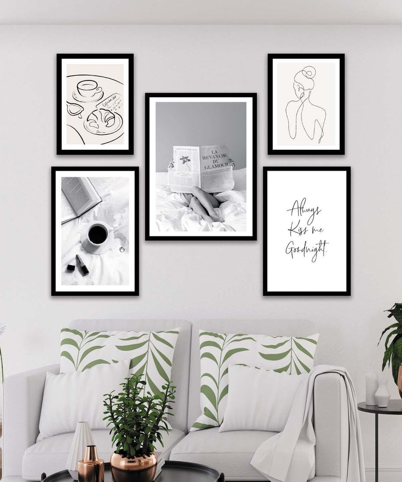 Kahve Kitap Line Art Temalı Tablo Seti