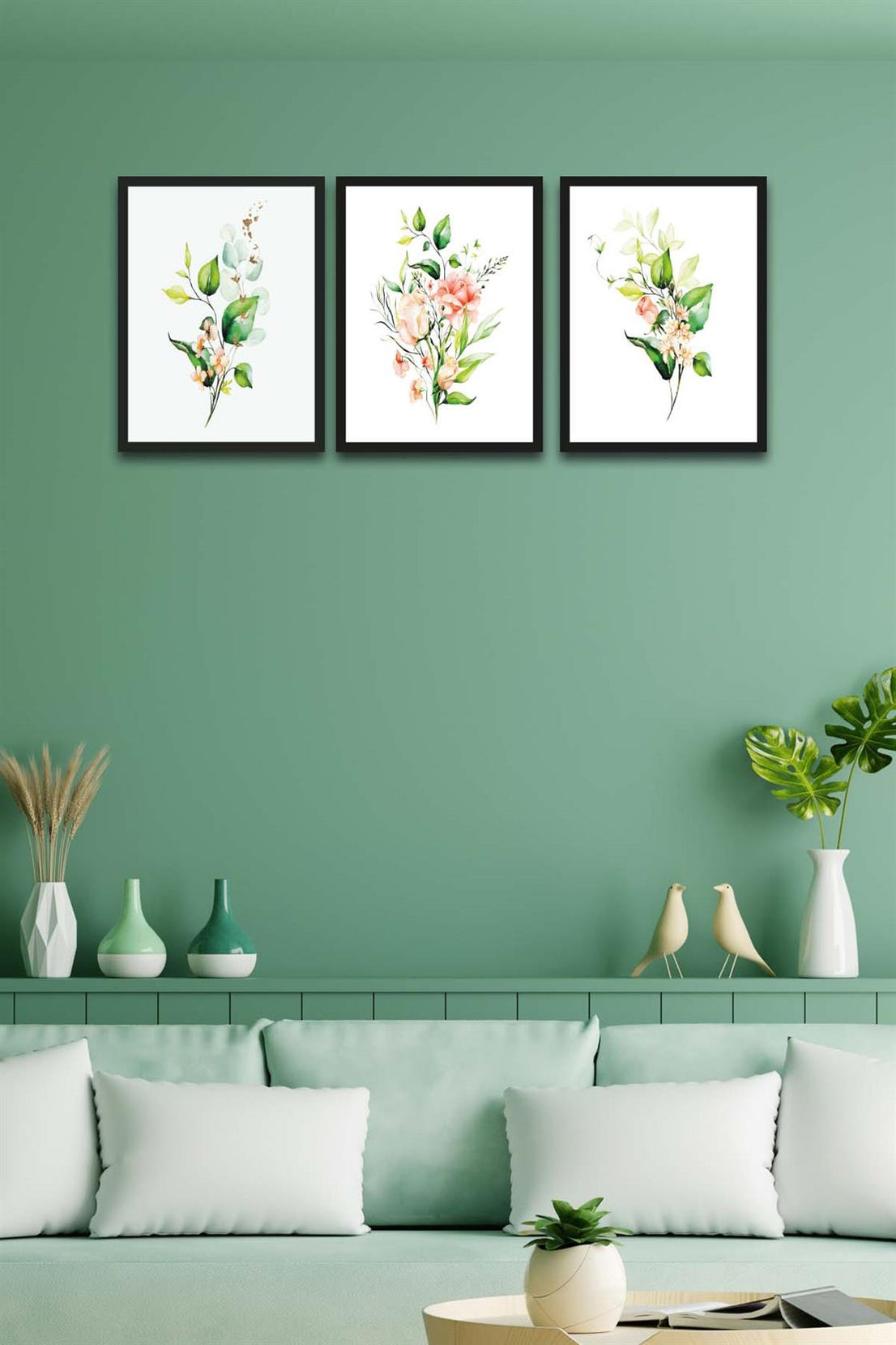 3 Parça Bohem Tarzı Dijital Baskı Yeşil Çiçekler