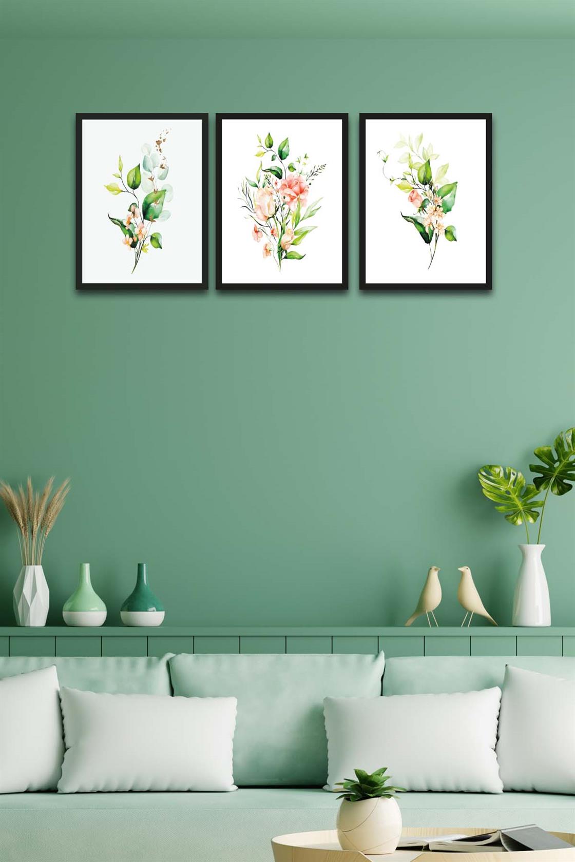 3 Parça Bohem Tarzı Dijital Baskı Yeşil Çiçekler