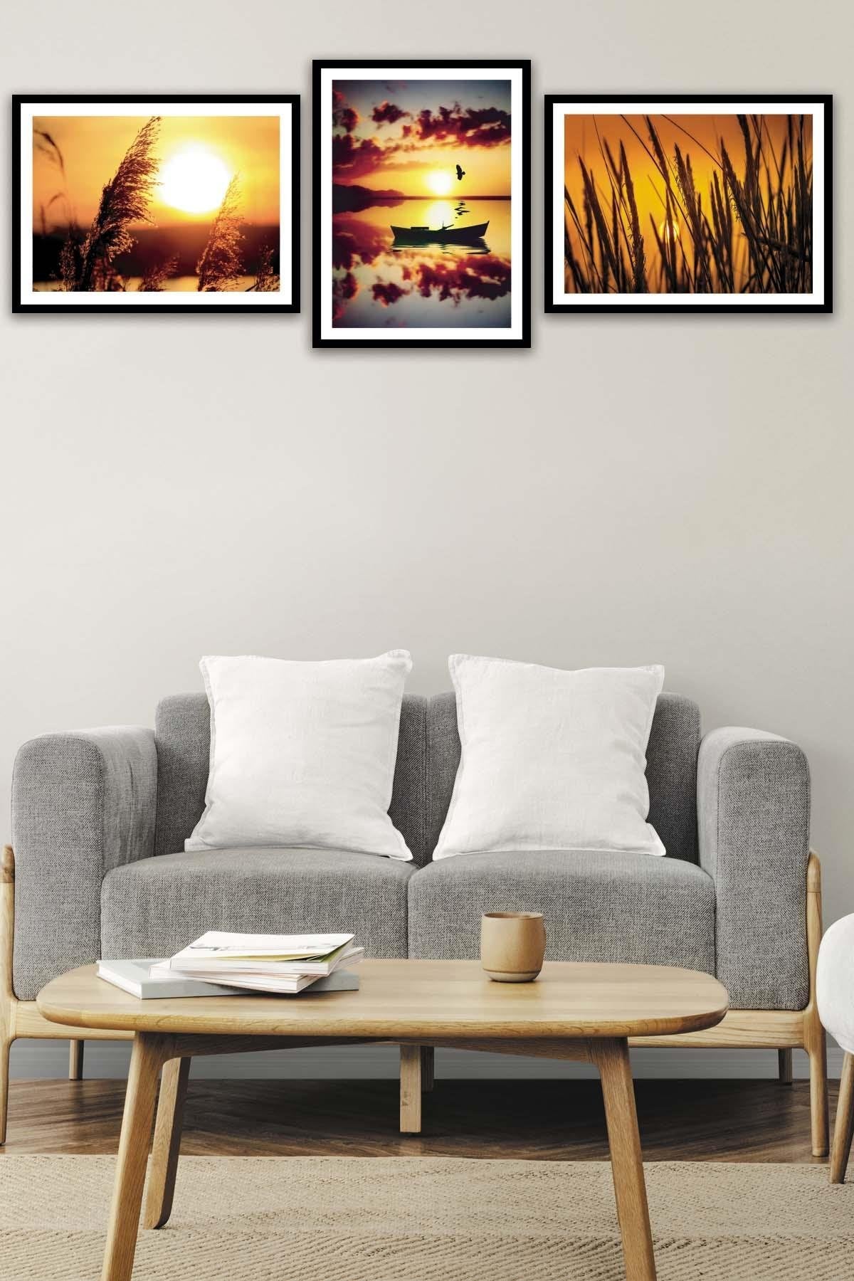 Günbatımı Temalı Siyah Çerçeve Görünümlü Tablo Seti