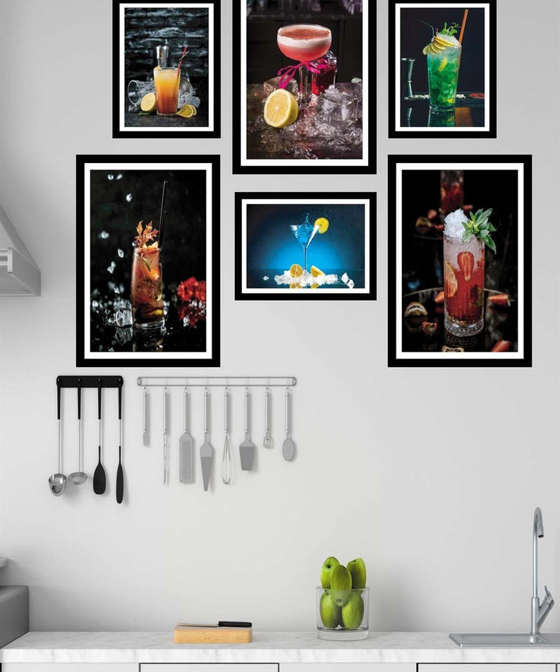 6 Parça İştah Açıcı Meyve Kokteyl Siyah Çerçeve Görünümlü Mdf Ahşap Tablo Seti