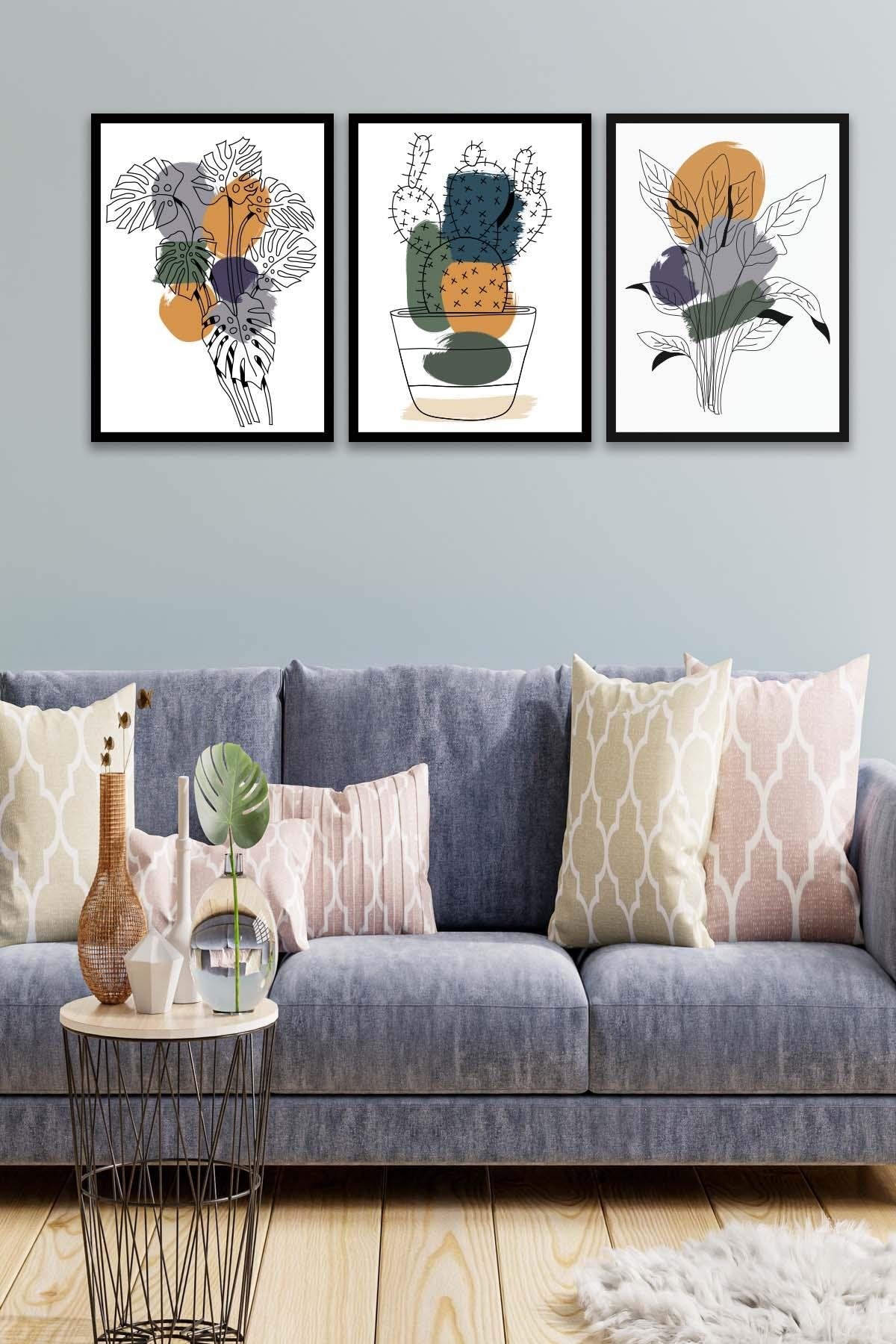 3 Parça Modern Tarzda Kaktüs Tablo Seti