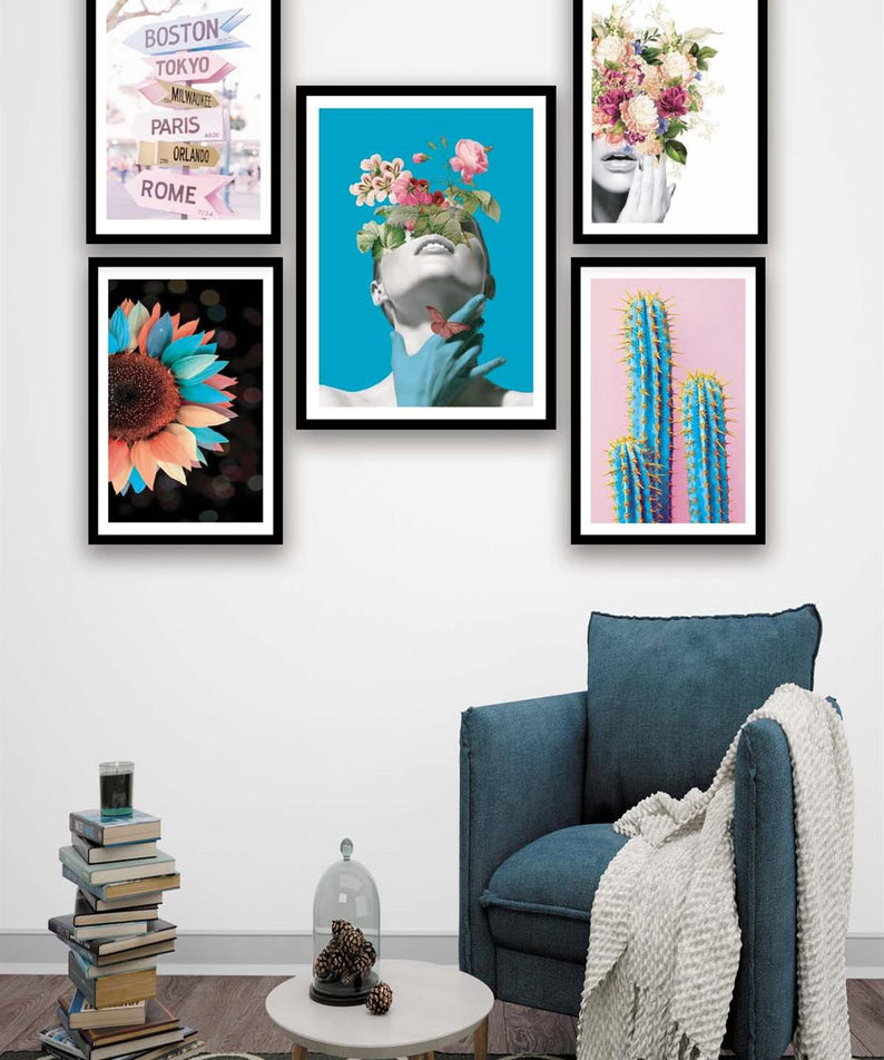 Sanatsal Çiçek Kadın Ve Kaktüs Temalı Tablo Seti