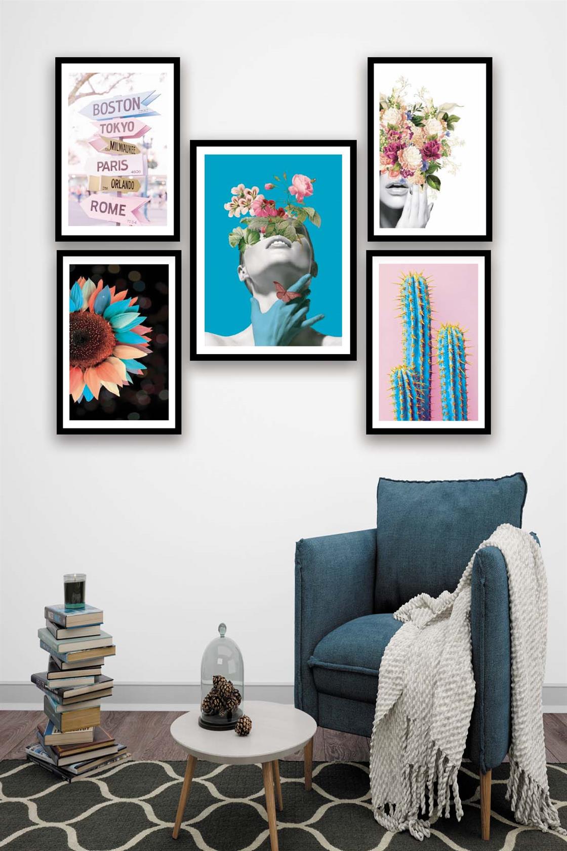 Sanatsal Çiçek Kadın Ve Kaktüs Temalı Tablo Seti