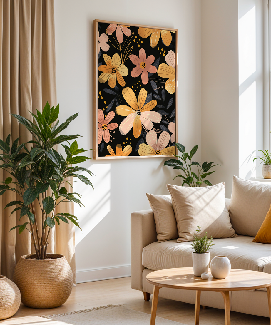 Midnight Bloom Tek Parça Doğal Ahşap Çerçeveli Tablo