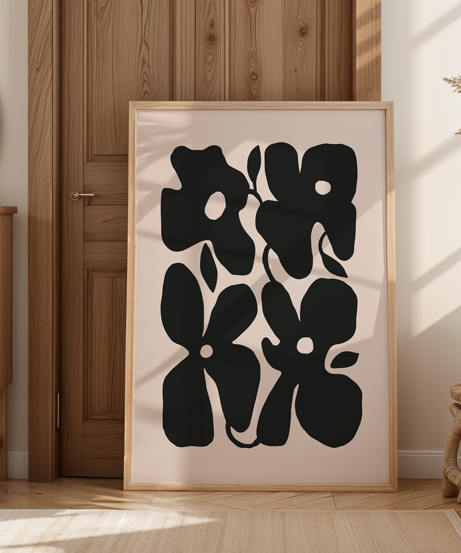 Scandinavian Floral Art Tek Parça Doğal Ahşap Çerçeveli Tablo