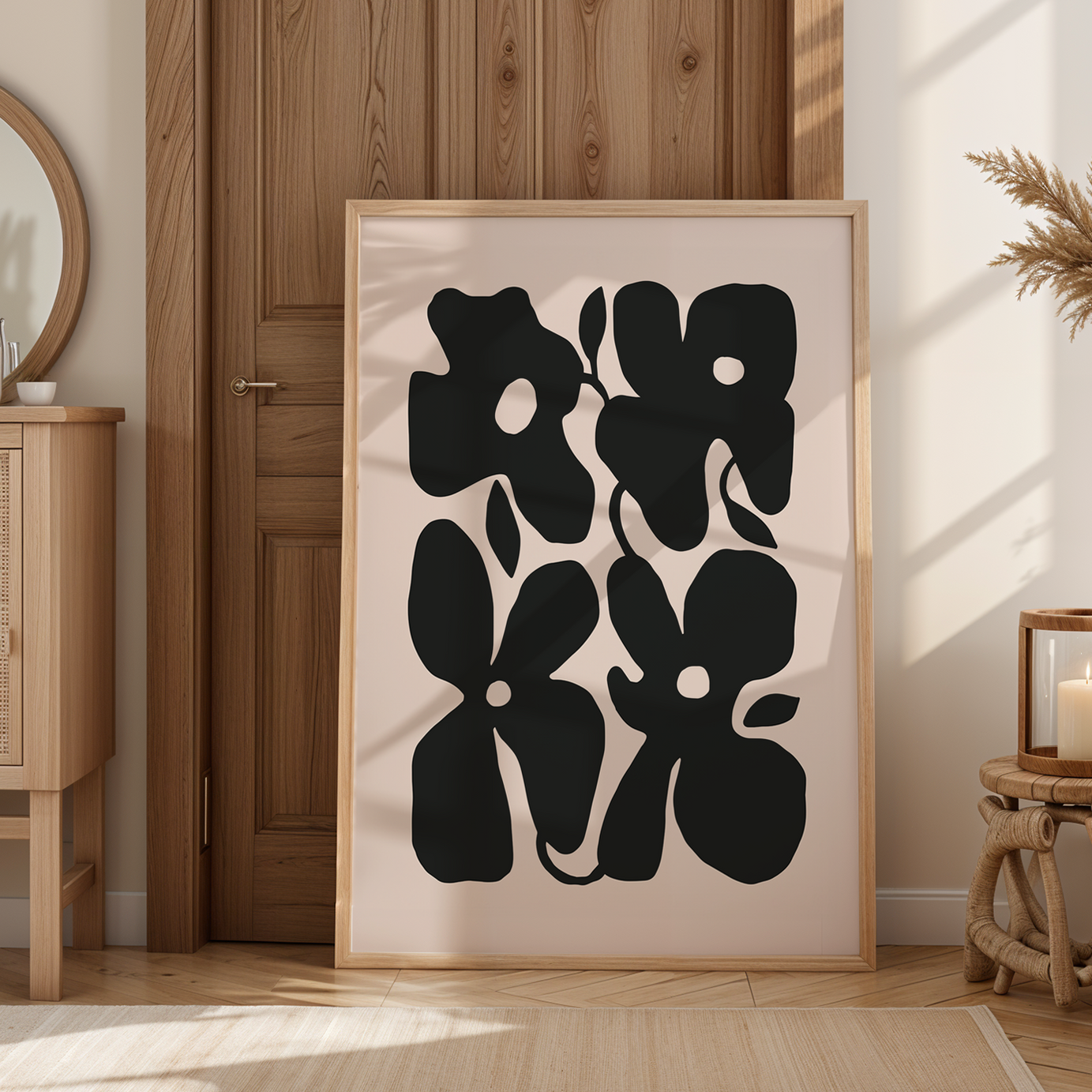 Scandinavian Floral Art Tek Parça Doğal Ahşap Çerçeveli Tablo