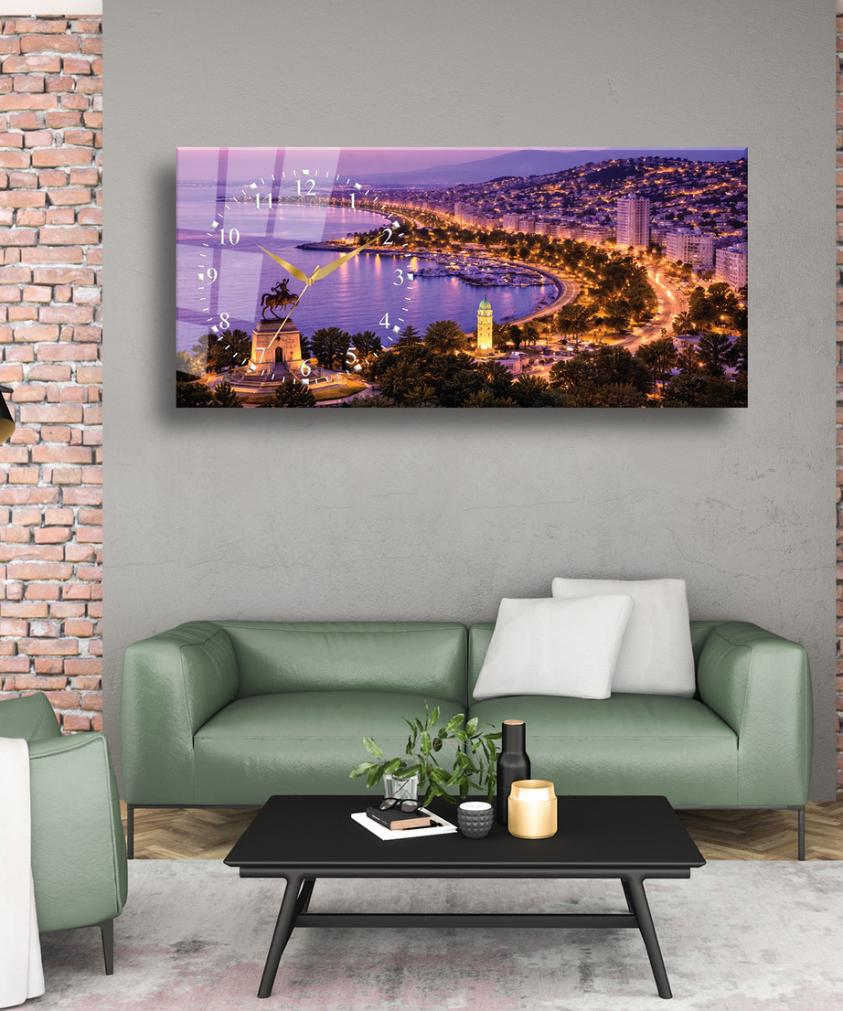 Samsun Atatürk Anıtı Sahil Manzarası Temalı Temperli Saatli Cam Tablo