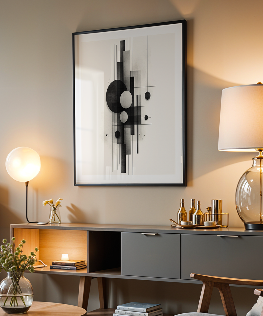 Geometric Balance Tek Parça Siyah Çerçeveli Ahşap Tablo