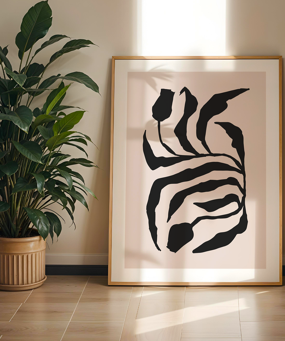 Abstract Botanical Tek Parça Doğal Ahşap Çerçeveli Tablo