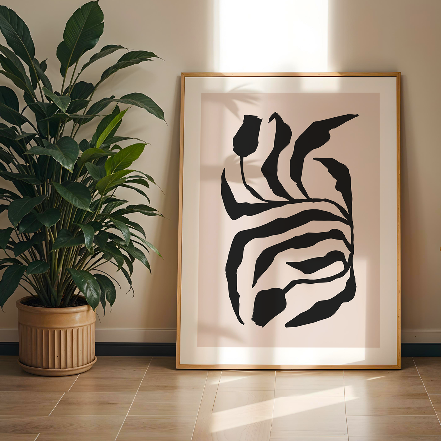 Abstract Botanical Tek Parça Doğal Ahşap Çerçeveli Tablo