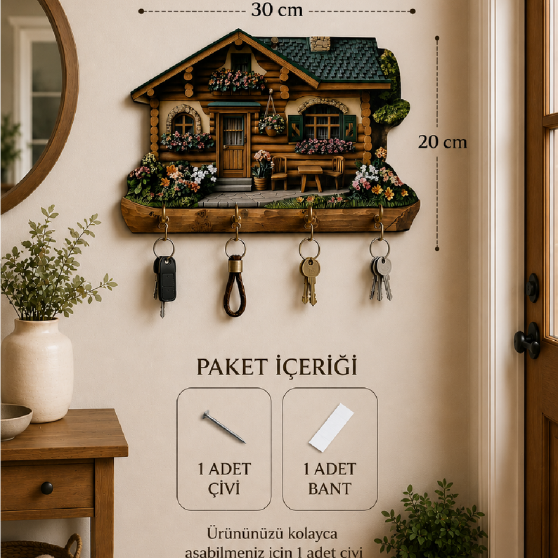 Rustik Ahşap Dağ Evi Temalı Dekoratif Duvar Askılı Anahtarlık