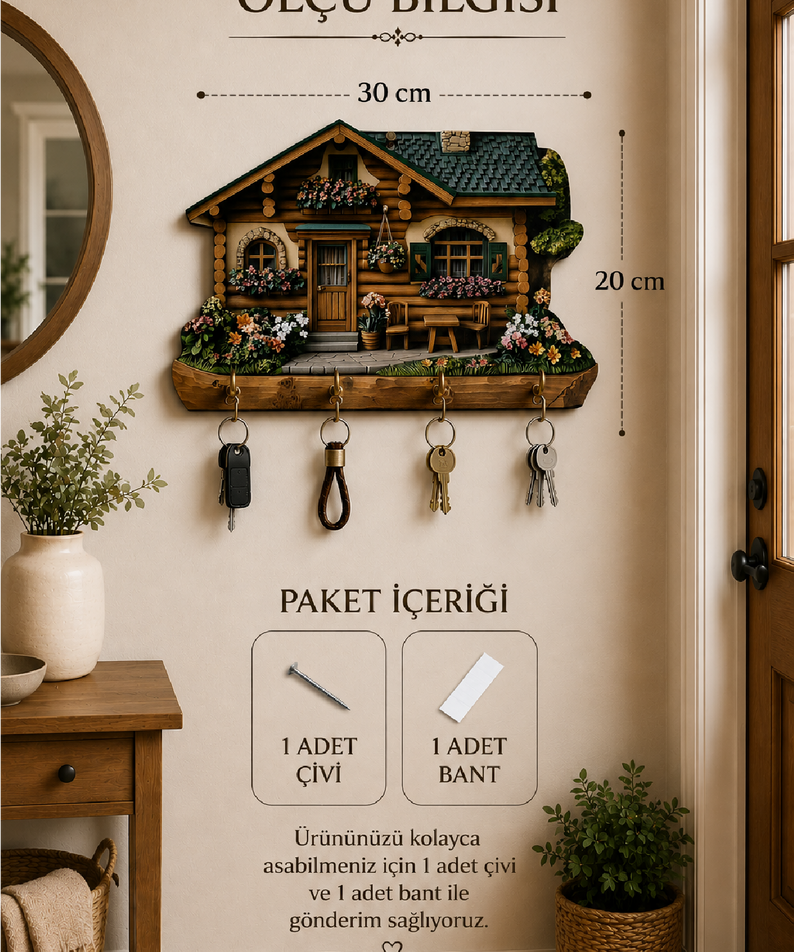 Rustik Ahşap Dağ Evi Temalı Dekoratif Duvar Askılı Anahtarlık