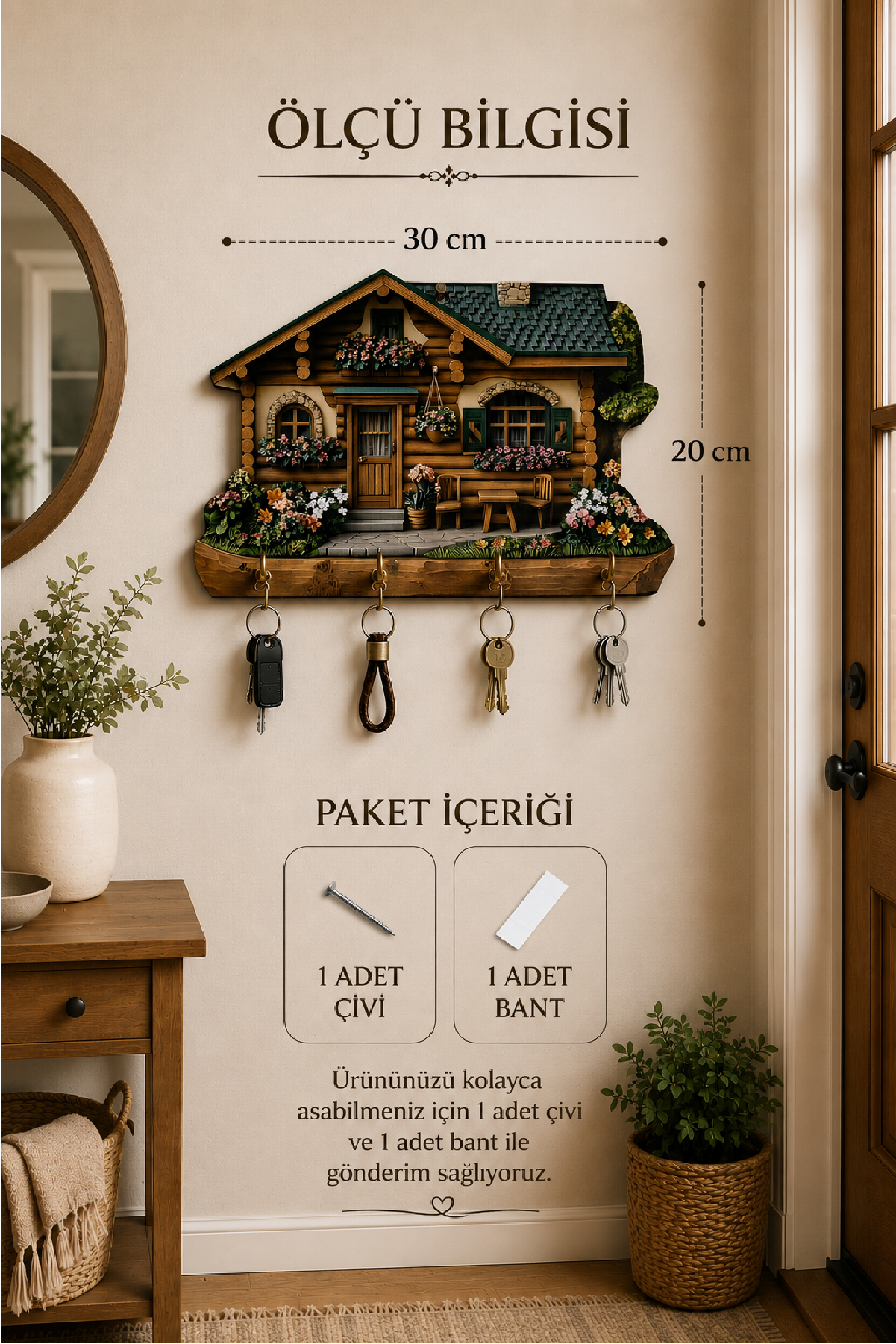 Rustik Ahşap Dağ Evi Temalı Dekoratif Duvar Askılı Anahtarlık