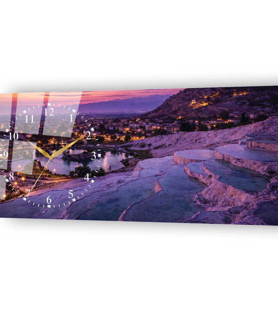 Denizli Pamukkale Travertenleri Temalı Temperli Saatli Cam Tablo