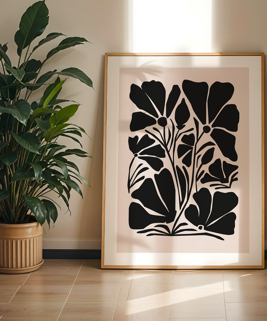 Modern Botanical Silhouette Tek Parça Doğal Ahşap Çerçeveli Tablo