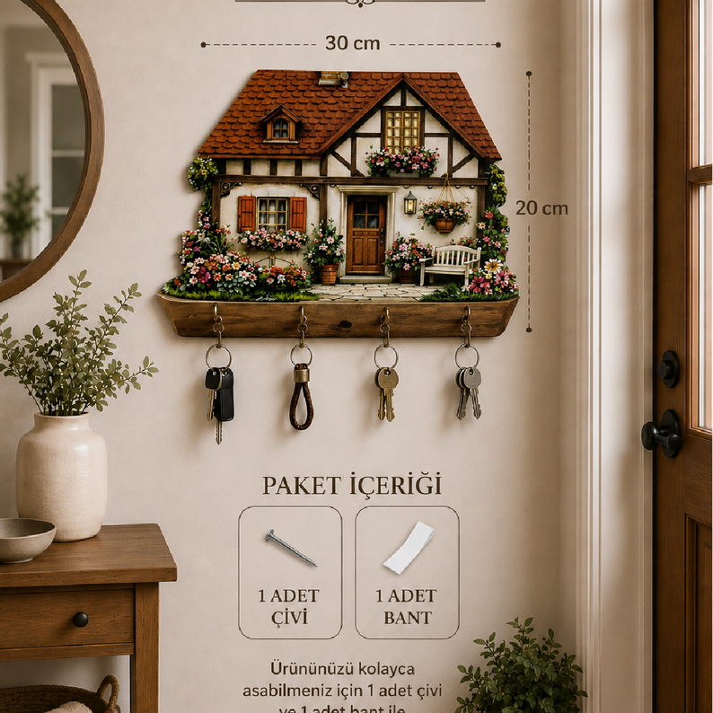 Rustik Çiçekli Köy Evi Temalı Dekoratif Duvar Askılı Anahtarlık