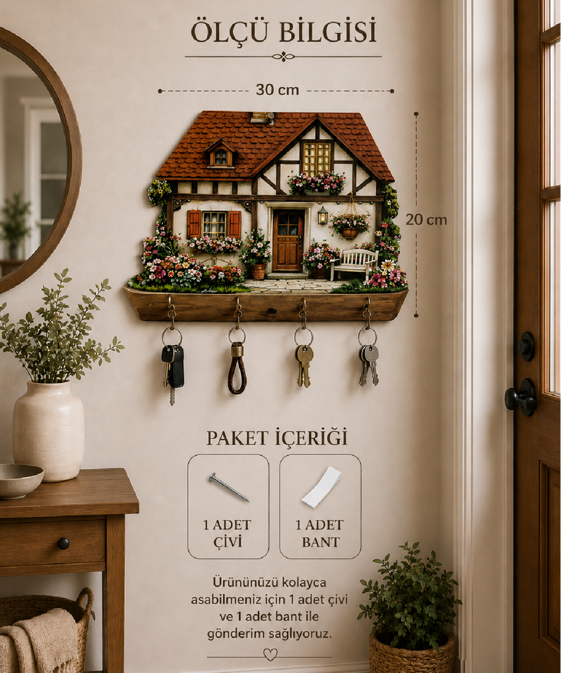 Rustik Çiçekli Köy Evi Temalı Dekoratif Duvar Askılı Anahtarlık