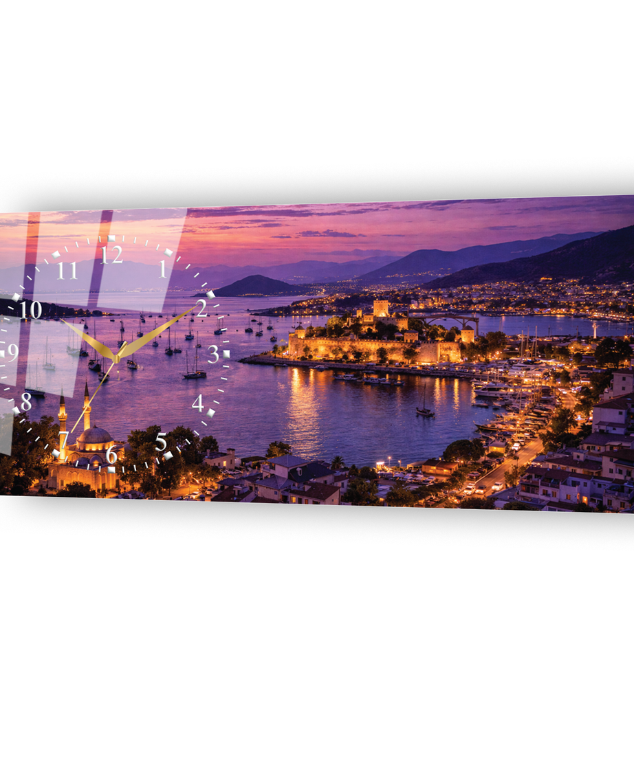 Muğla Ege Sahil Manzarası Temalı Temperli Saatli Cam Tablo