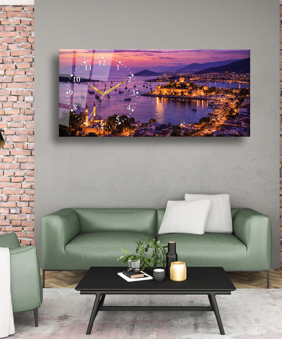 Muğla Ege Sahil Manzarası Temalı Temperli Saatli Cam Tablo