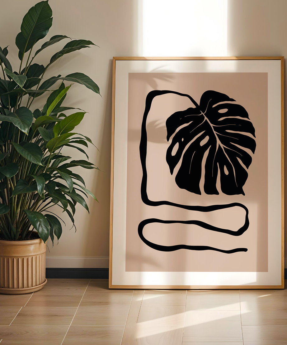 Minimal Monstera Tek Parça Doğal Ahşap Çerçeveli Tablo