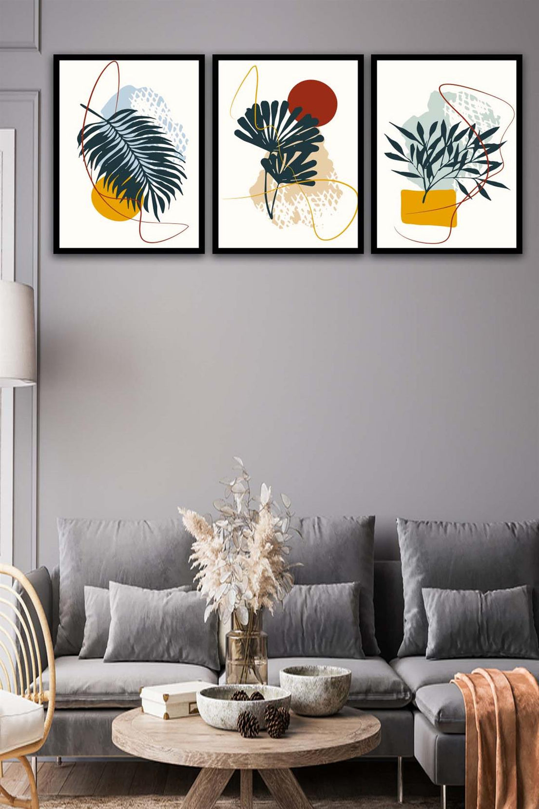 3 Parça Botanic Tarzda Sanatsal Siyah Çerçeve Görünümlü Uv Baskı Mdf Tablo Seti