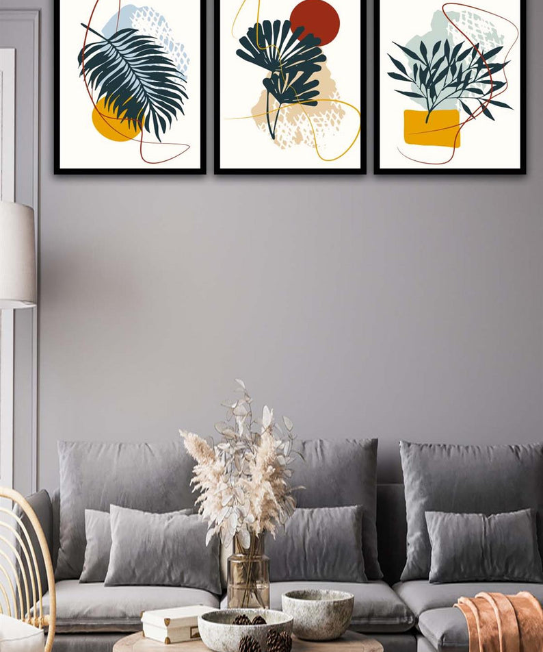 3 Parça Botanic Tarzda Sanatsal Siyah Çerçeve Görünümlü Uv Baskı Mdf Tablo Seti