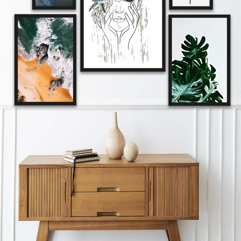 5 Parça Modern Sanat Tarzında Tasarım (Siyah çerçeve görünümlü) Uv Baskı Mdf Tablo Seti