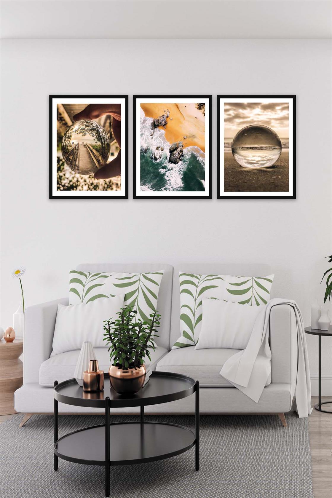 3 Parça Modern Tarzda Sanatsal Siyah Çerçeve Görünümlü Dijital Baskı Tablo Seti