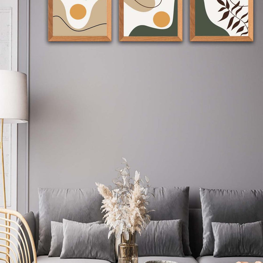 3 Parça Modern Bohem Tarzda Ahşap Çerçeve Görünümlü Uv Baskı Mdf Tablo Seti