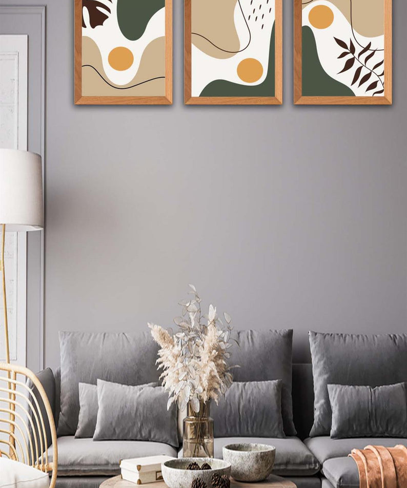 3 Parça Modern Bohem Tarzda Ahşap Çerçeve Görünümlü Uv Baskı Mdf Tablo Seti