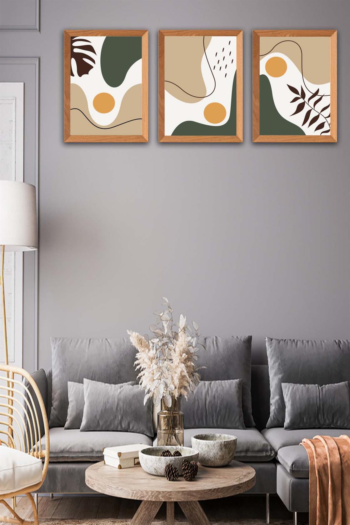 3 Parça Modern Bohem Tarzda Ahşap Çerçeve Görünümlü Uv Baskı Mdf Tablo Seti