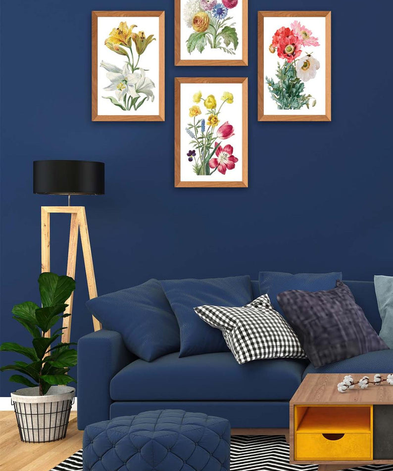 4 Parça Suluboya Tarzında Çiçek Desenli Ahşap Çerçeve Görünümlü Uv Baskı Mdf Tablo Seti