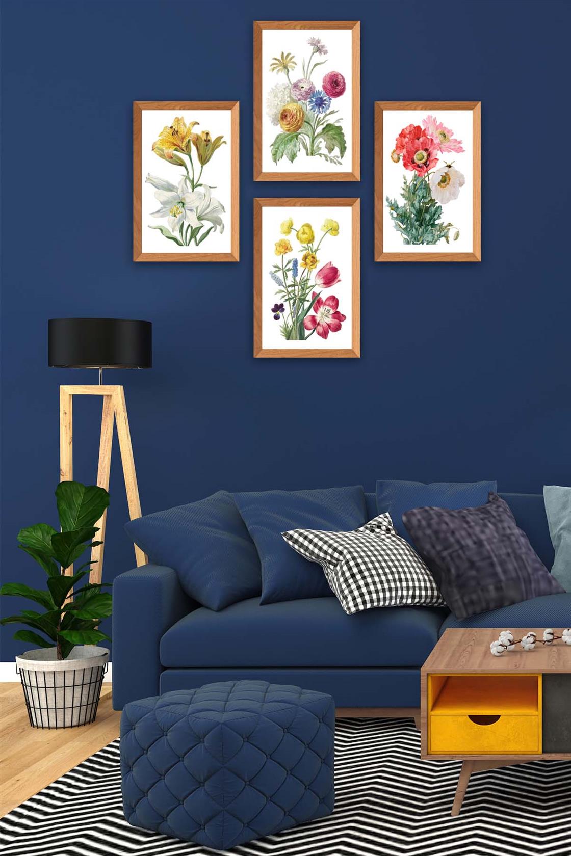 4 Parça Suluboya Tarzında Çiçek Desenli Ahşap Çerçeve Görünümlü Uv Baskı Mdf Tablo Seti