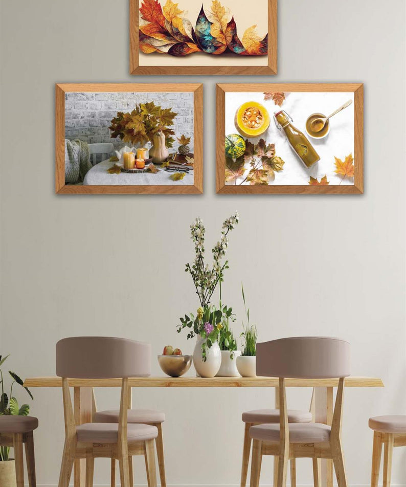 3 Parça Çınar Yapakları Sonbahar Yansıtan Ahşap Çerçeve Görünümlü Mdf Tablo Seti