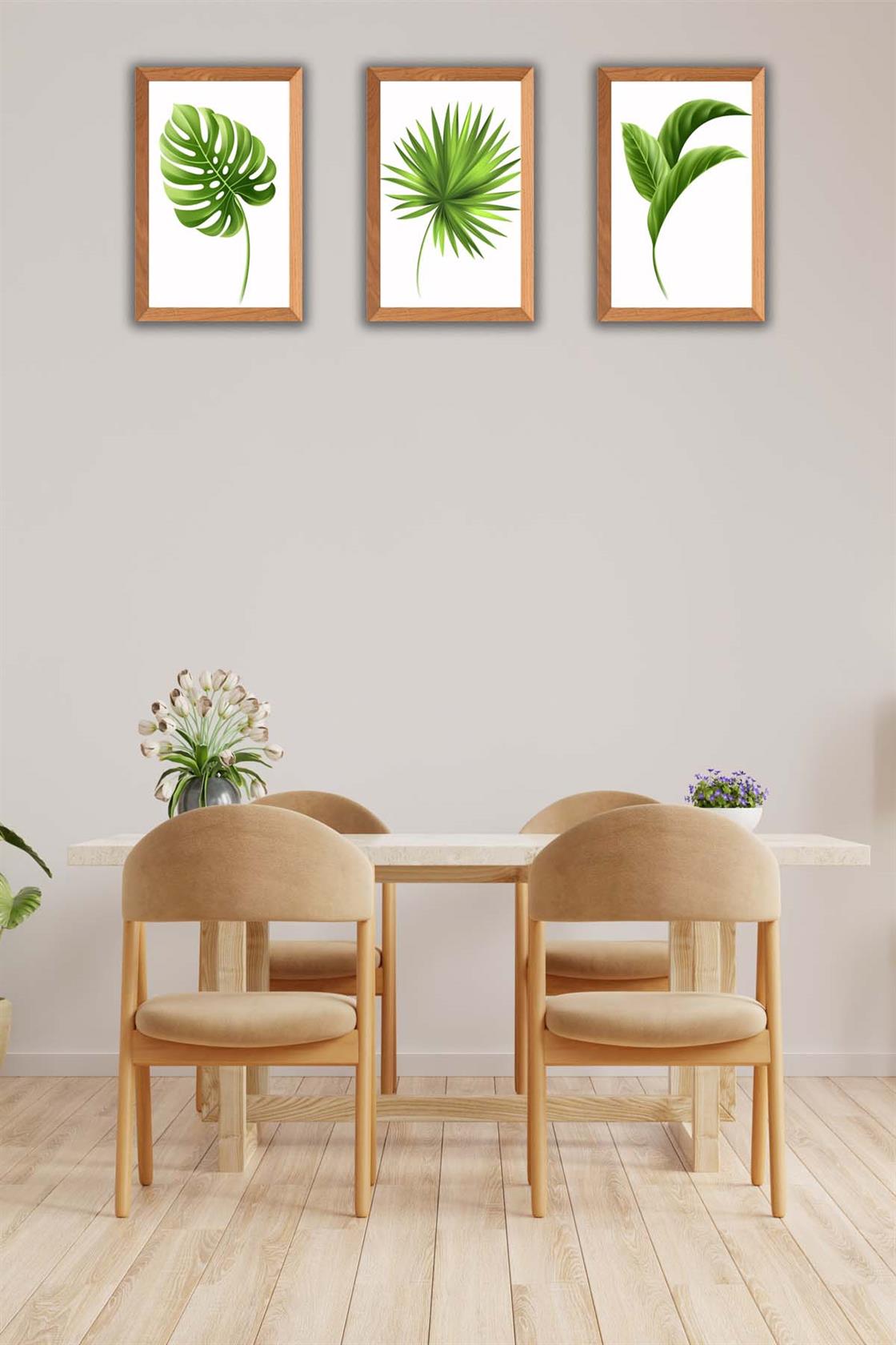 3 Parça Bohem Tarzı Yaprak Ahşap Çerçeve Görünümlü Tablo Seti
