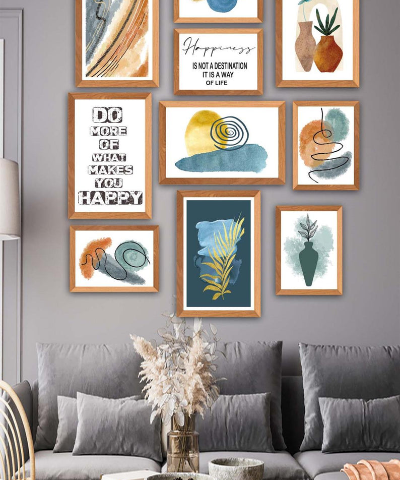 10 Parça Yazı Ve Suluboya Bohem Tarzda (Ahşap Çerçeve Görünümlü) Uv Baskı Tablo Seti