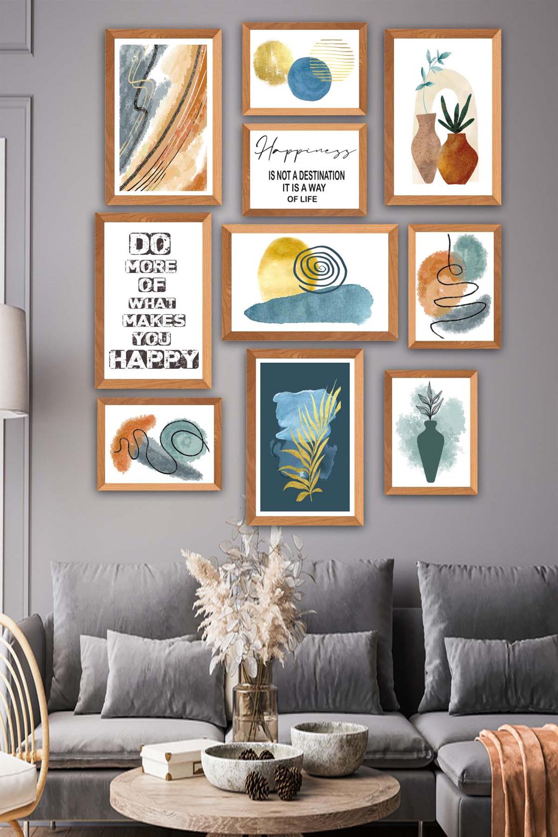 10 Parça Yazı Ve Suluboya Bohem Tarzda (Ahşap Çerçeve Görünümlü) Uv Baskı Tablo Seti