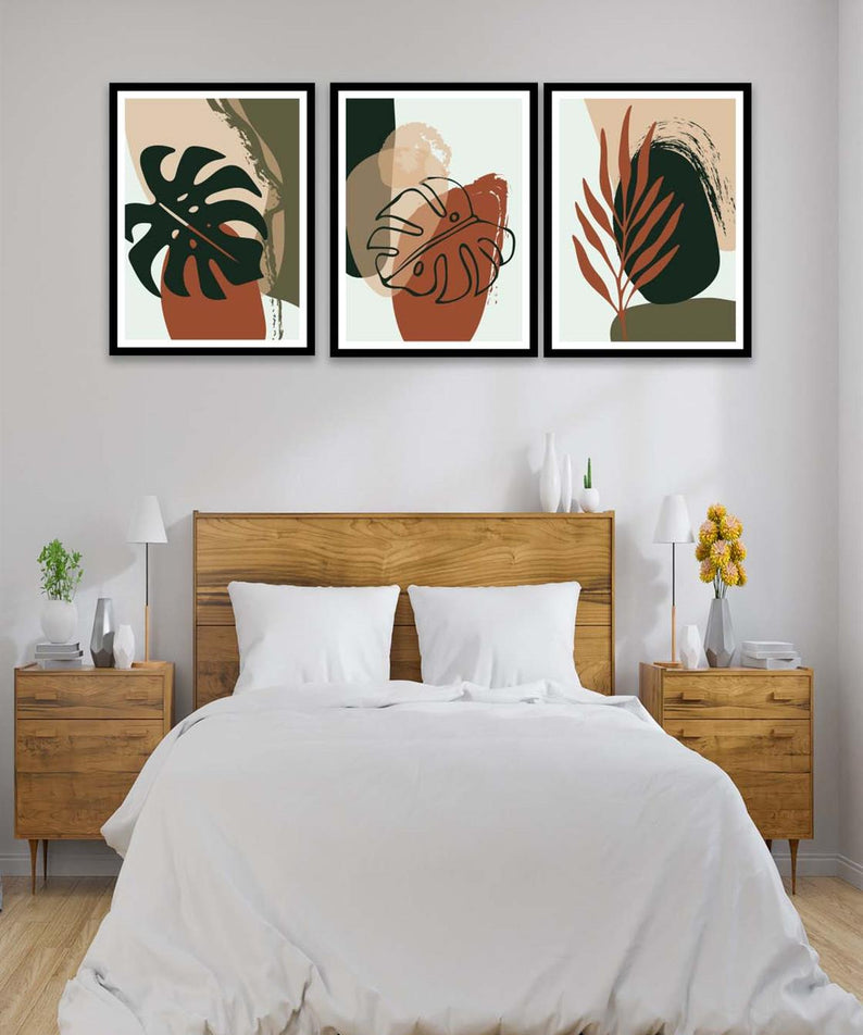 3 Parça Bohem Ve Botanik Tarzda (Siyah Çerçeve Görünümlü) Uv Baskı Mdf Tablo Seti