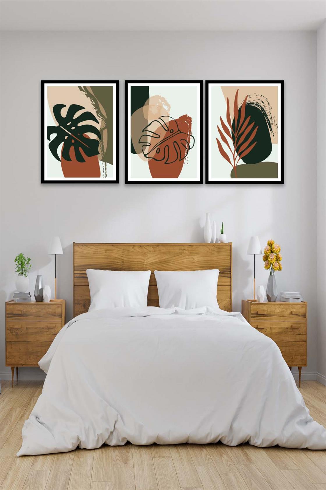 3 Parça Bohem Ve Botanik Tarzda (Siyah Çerçeve Görünümlü) Uv Baskı Mdf Tablo Seti