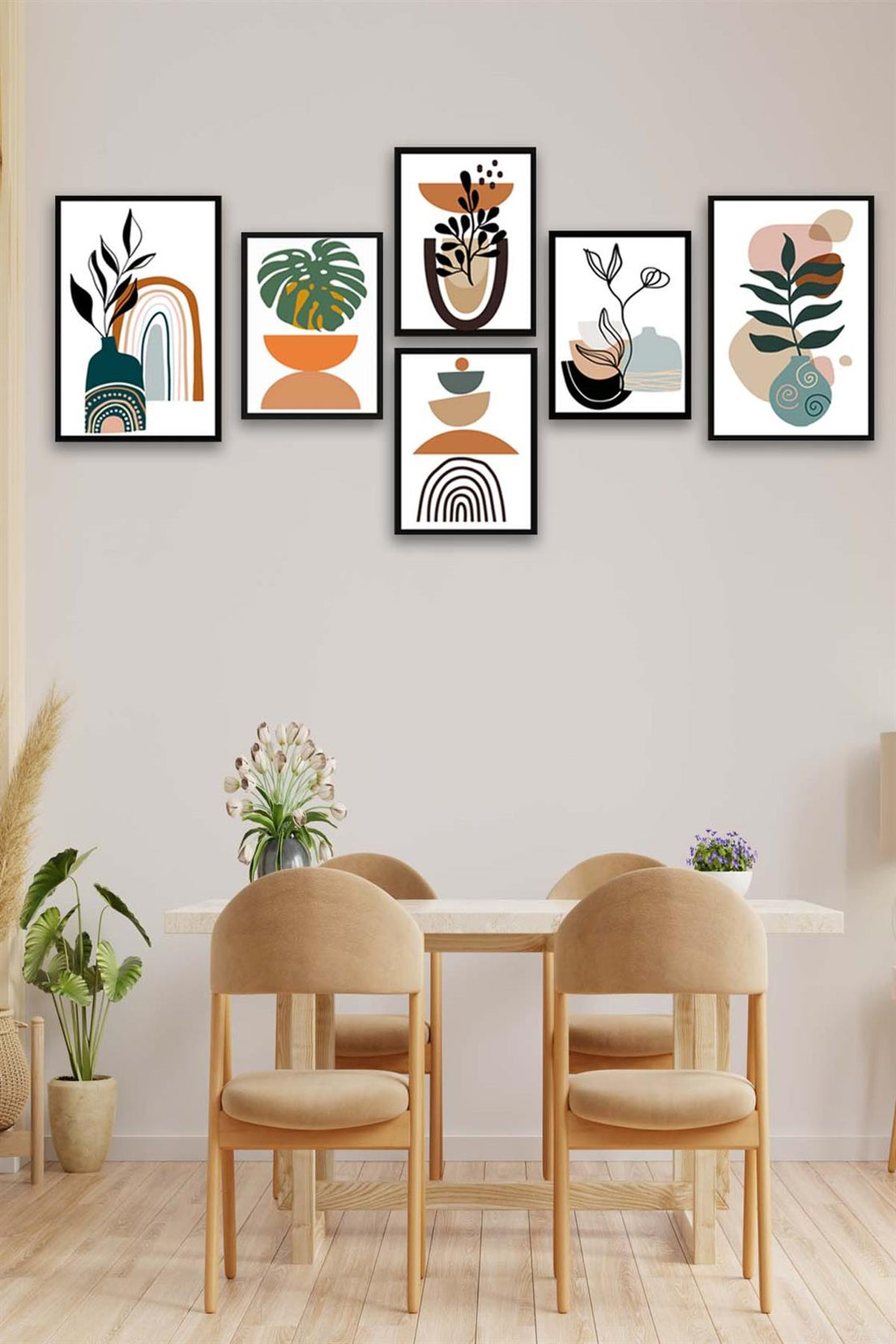 6 Parça Sanatsal Bohem Tarzı Siyah Çerçeve Görünümlü Tablo Seti