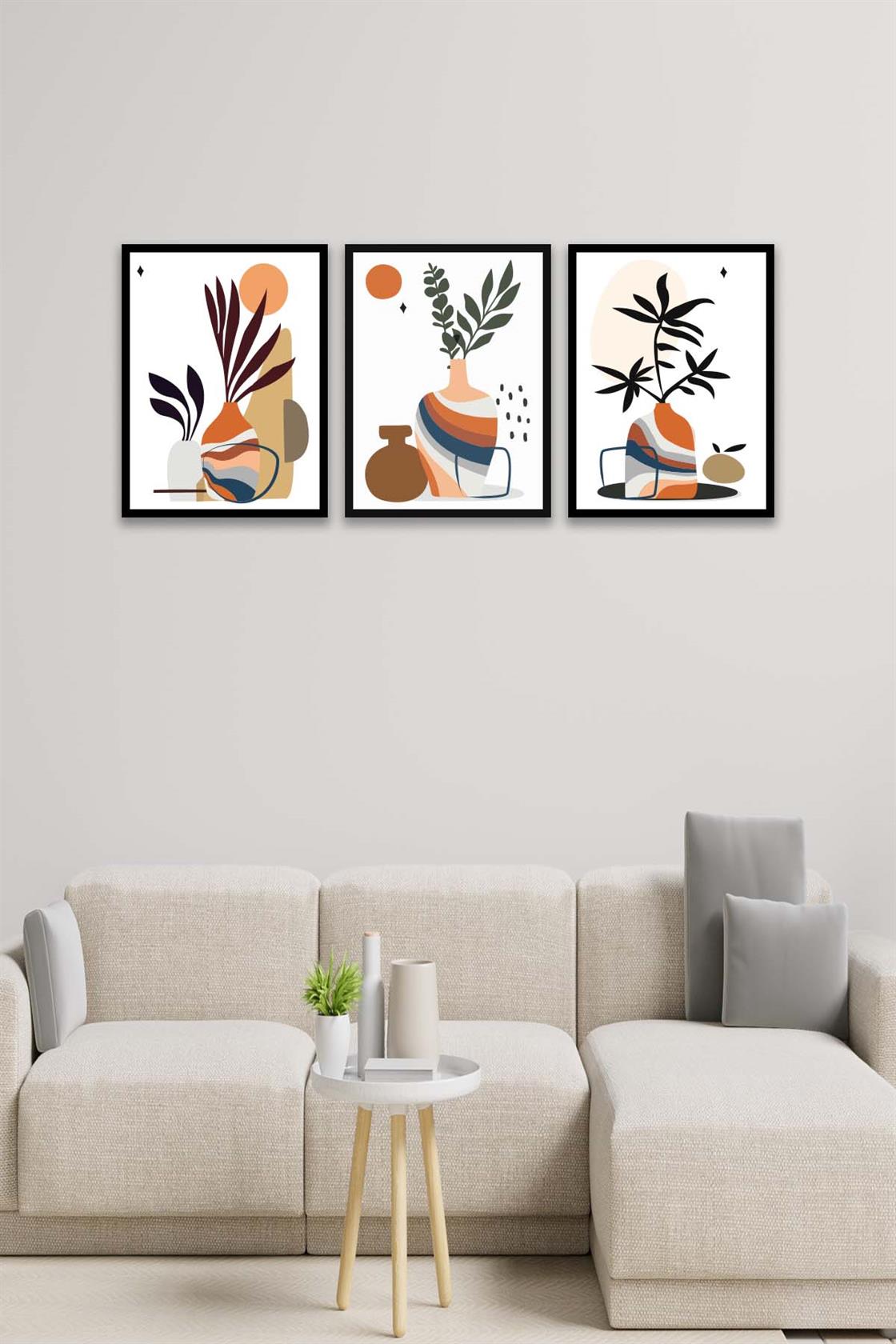 3 Parça Modern Sanatsal Tarzda (Siyah çerçeve görünümlü) Uv Baskı Mdf Tablo Seti